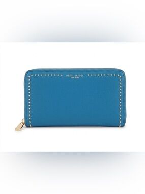 Henri Bendel Blue Pebbled Leather Studded Zip-Around Wallet